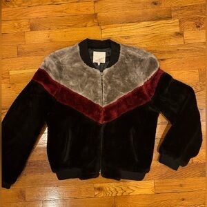 Joie Grey Red Black Faux Fur Jacket
